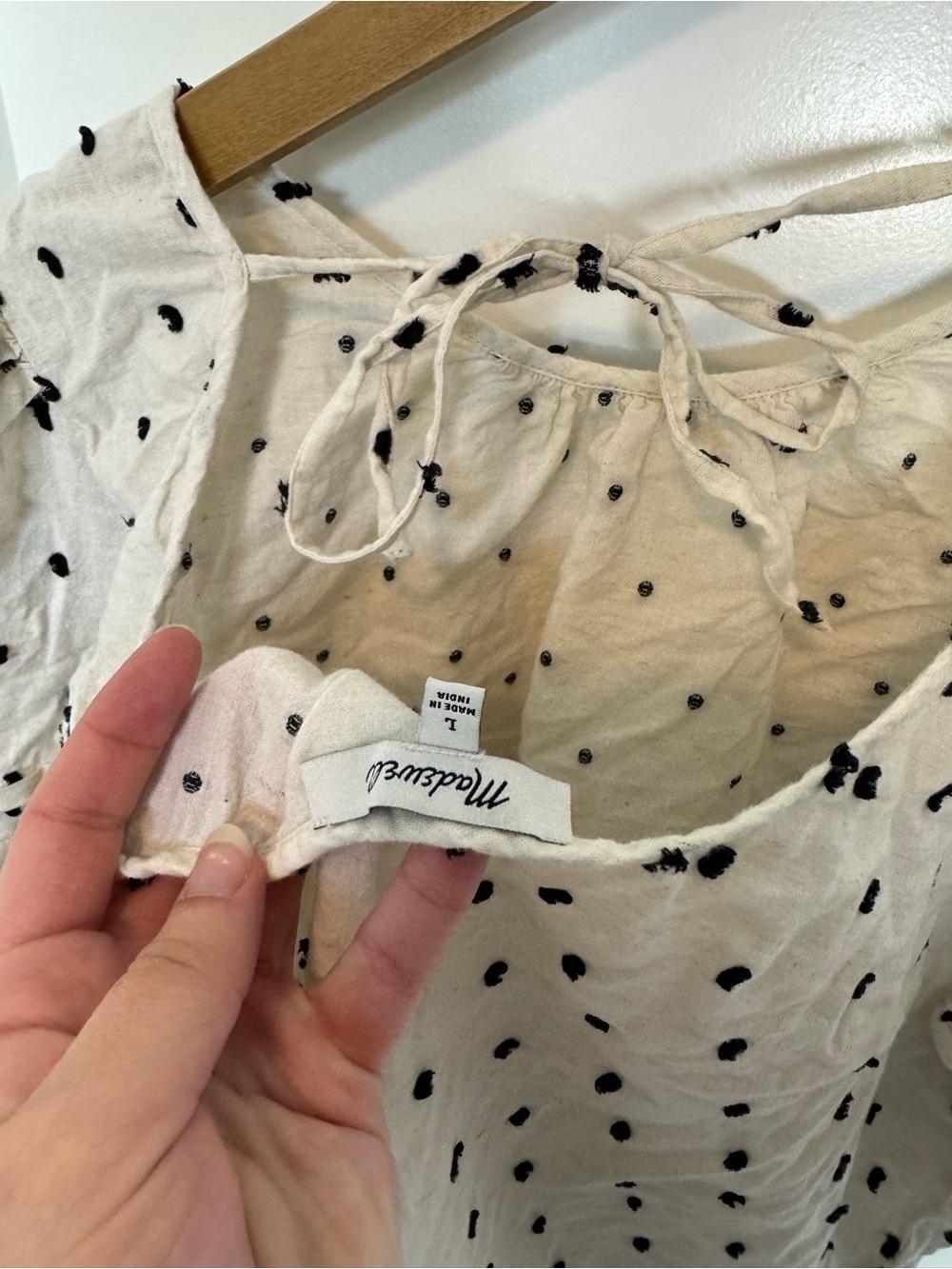 Madewell Tie Back Puff Sleeve Top Clip Dot Ivory Cotton Linen Size Large - Picture 7 of 7